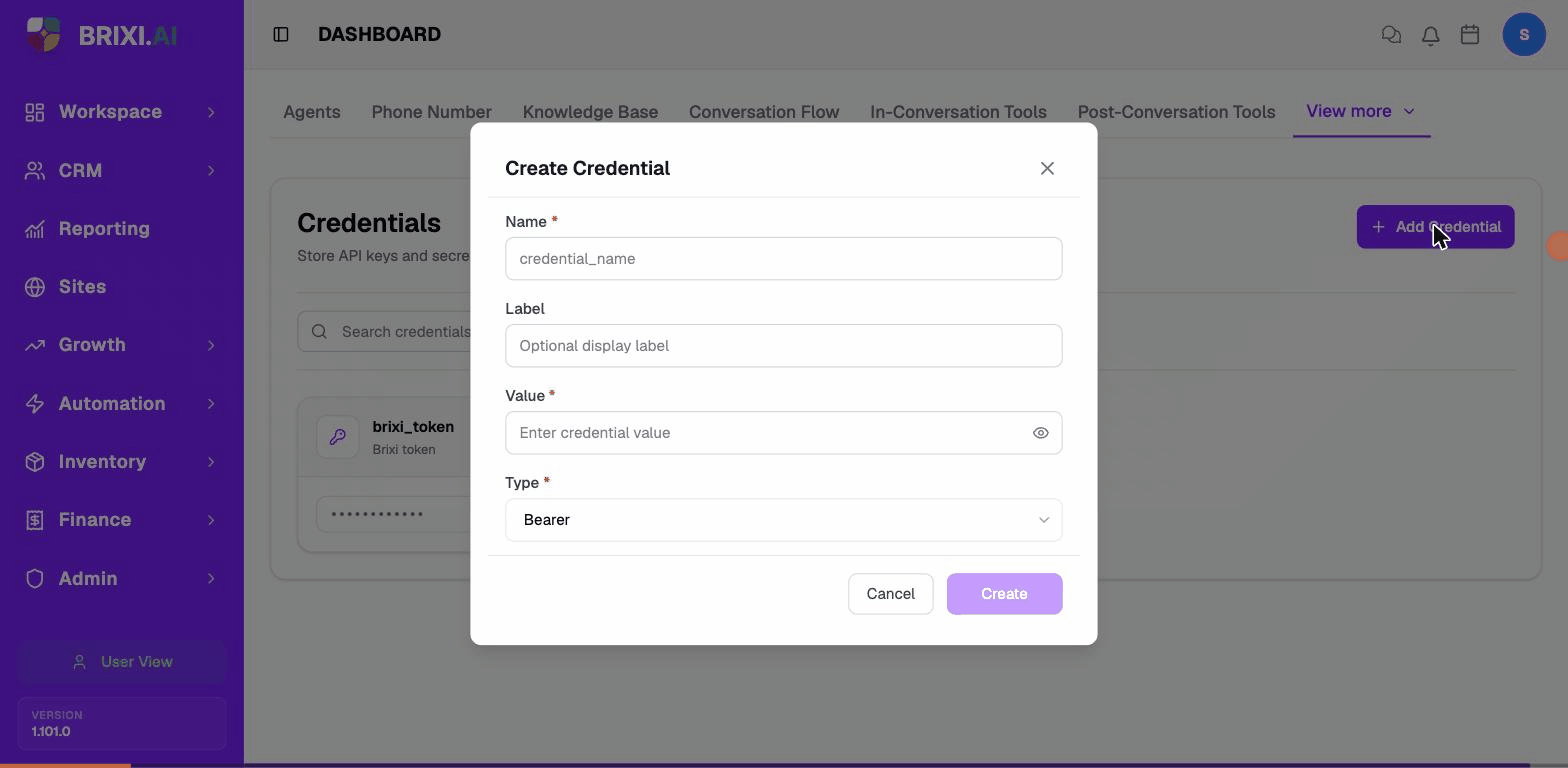 Adding a Bearer token credential from the Create Credential dialog.