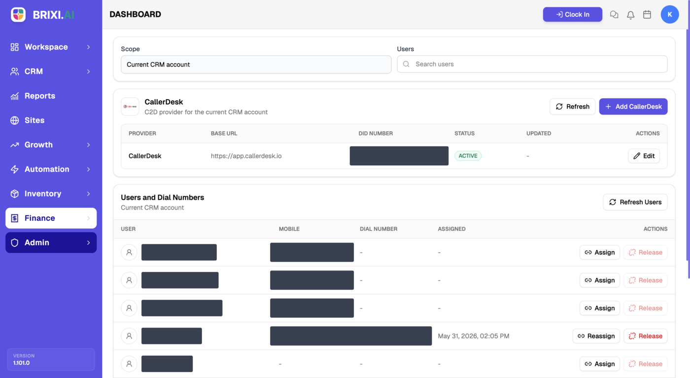 The Dialer page showing the CallerDesk provider card with Base URL, DID Number, and an Active status, plus the Users and Dial Numbers table with Assign, Reassign, and Release actions.