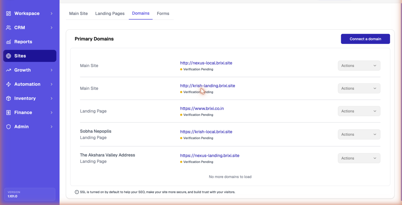 The Domains tab showing the Primary Domains list with each Main Site and Landing Page domain, a Verification Pending status, an Actions menu, and the Connect a domain button.