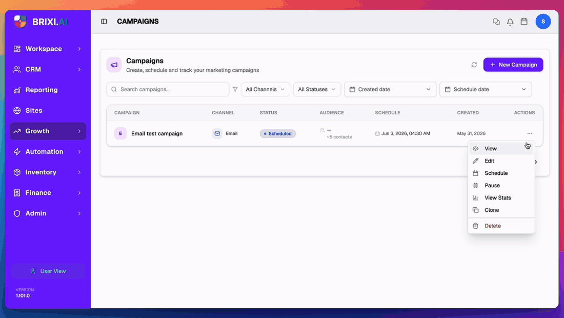 Actions menu on a Scheduled email campaign — pause it, the menu refreshes to show Resume, open View Stats; the campaign Stats page opens with delivery-status tiles.