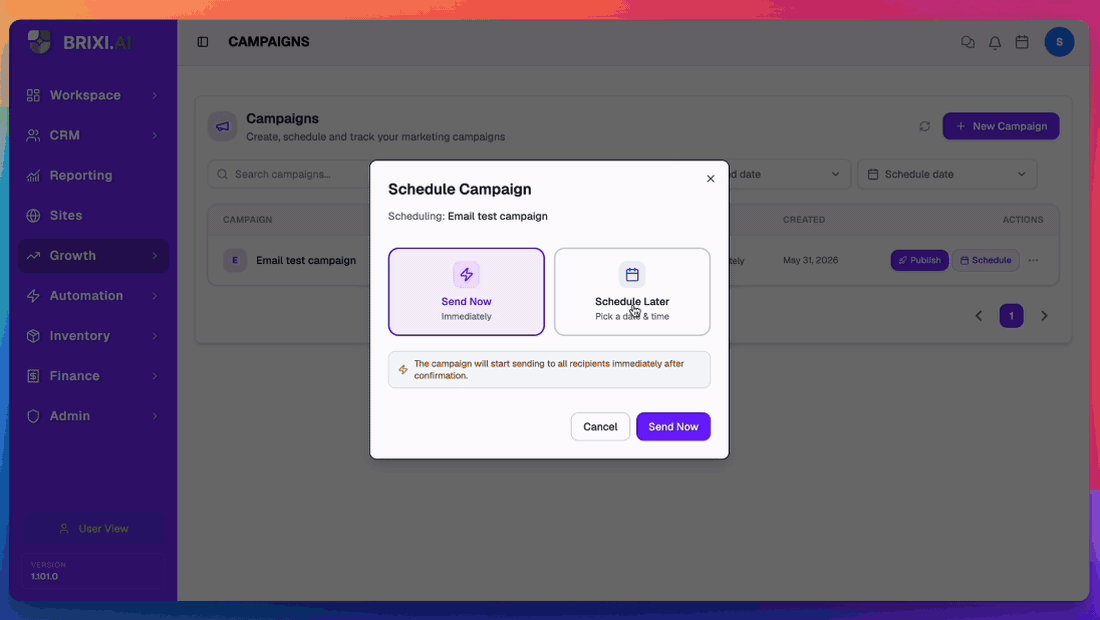 Schedule &amp; Review for an email campaign: Send Now / Schedule Later modal, date / time / timezone picker, the Launch Summary card (sender Connector masked), then Schedule Campaign.