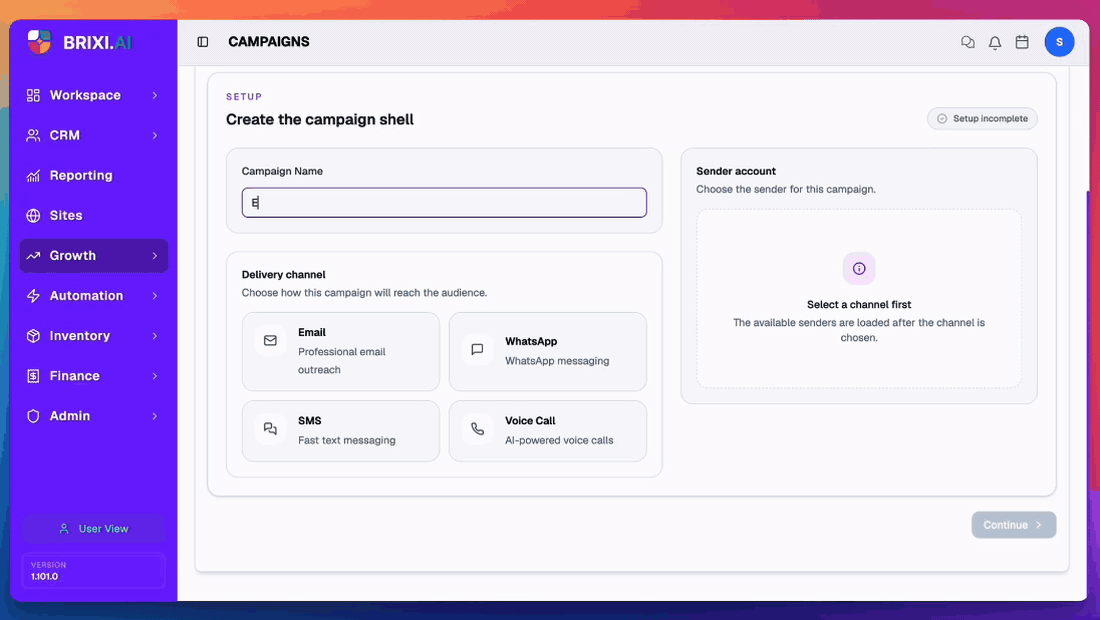 Setup step: name the campaign, tick the Email channel card, the Email sender panel populates with connected mailboxes, pick one, Setup ready badge appears. Sender PII masked.