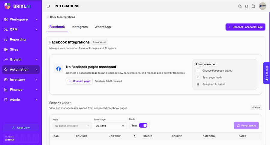 Click Connect Facebook Page to open the Facebook OAuth authorization flow