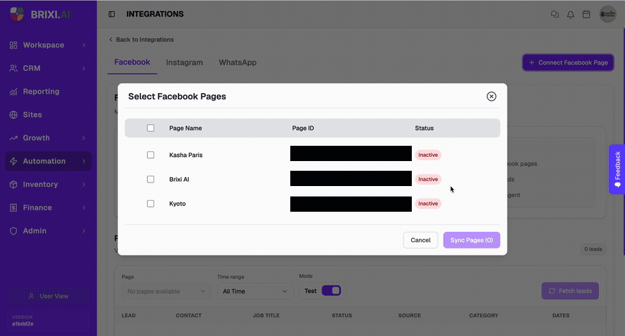 Select the Facebook Pages you want to connect and click Sync Pages
