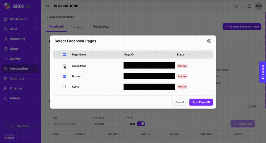 Check the pages you want, then click Sync Pages to complete the connection