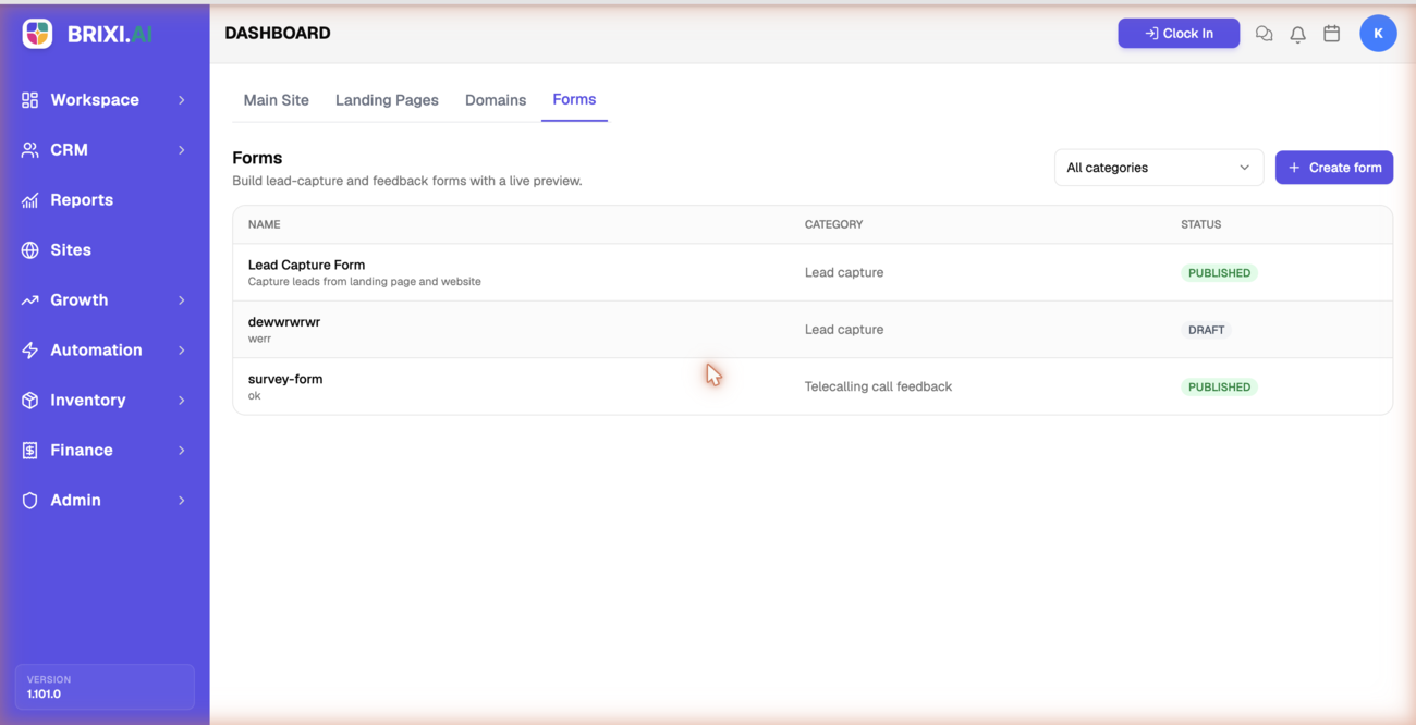 The Forms tab showing the form list with Name, Category, and Status (Published/Draft) columns, the All categories filter, and the Create form action.