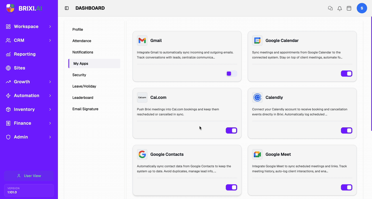 Connecting Gmail from My Apps — toggle Gmail on, sign in to Google, accept the consent screen, return to Brixi connected.