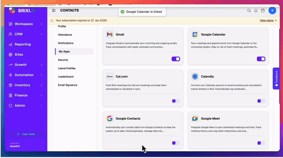 End-to-end Google Calendar connection: toggle on, choose account, approve the unverified-app step, grant calendar permissions, connected. PII masked.