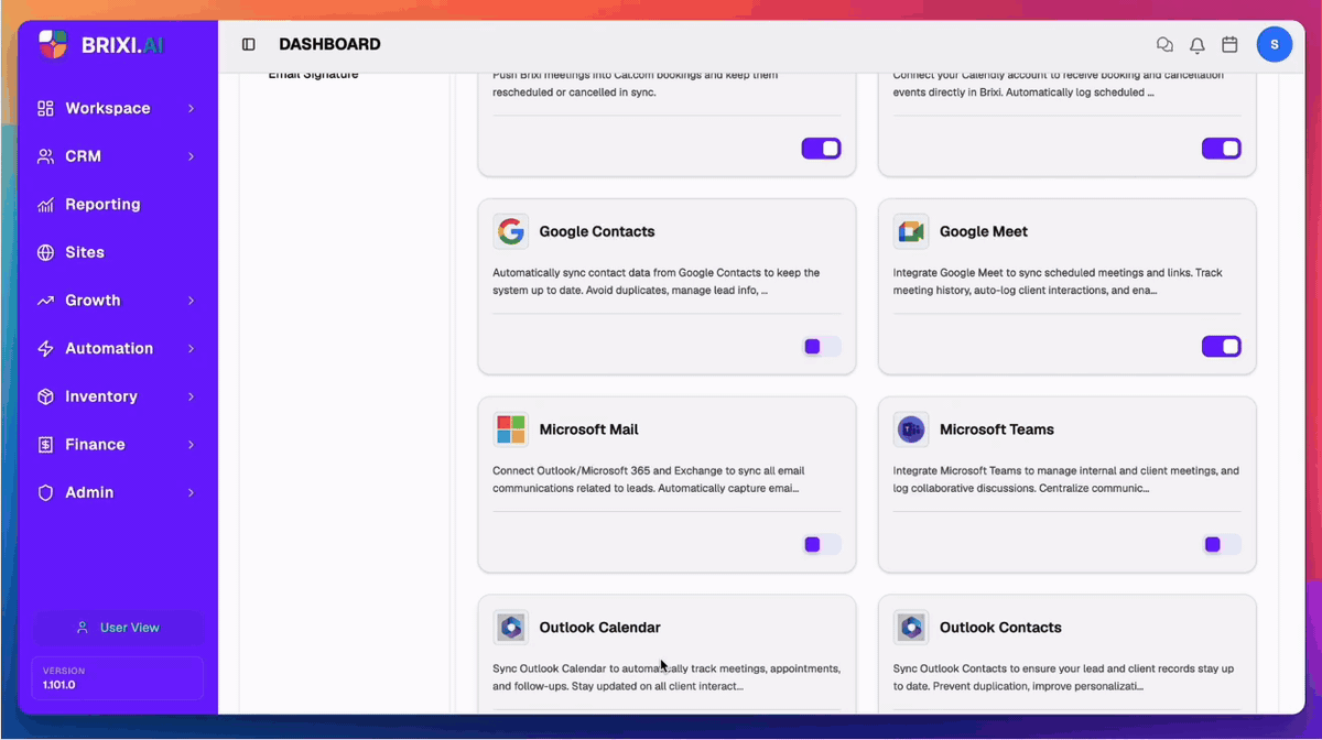 End-to-end Google Contacts connection: toggle on, choose account, sign back in, grant contact permissions, returned to a connected card in Brixi. PII masked.