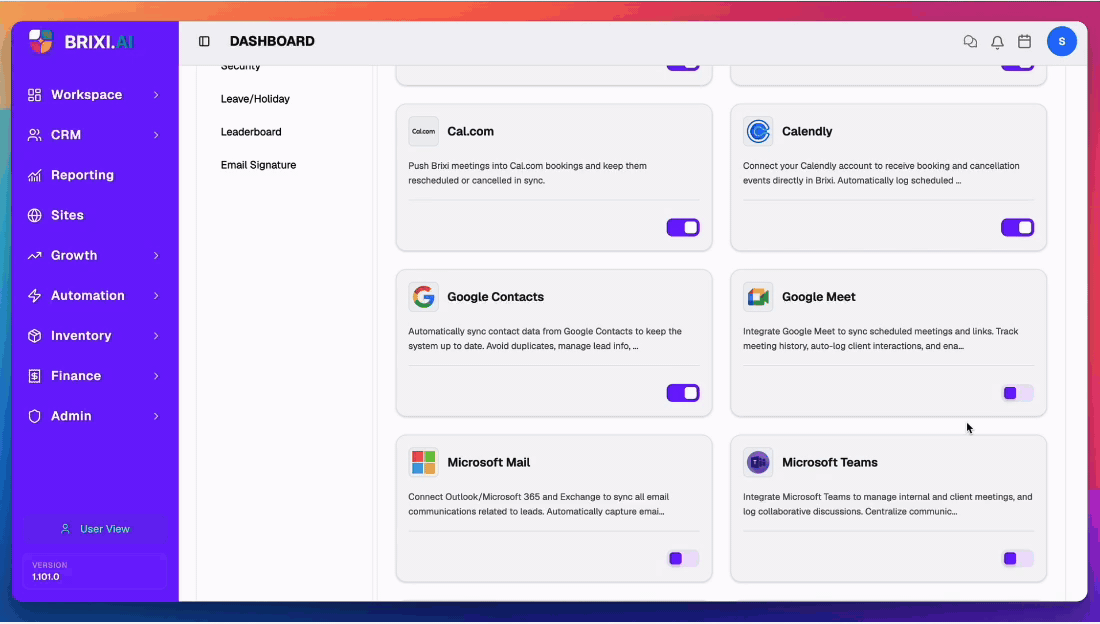 End-to-end Google Meet connection: toggle on, choose account, approve, return to Brixi connected. PII masked.