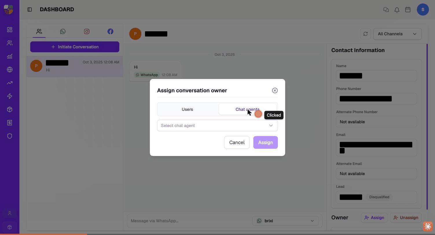The Chat agents tab on the Assign dialog with the chat-agent dropdown open showing the available agents.