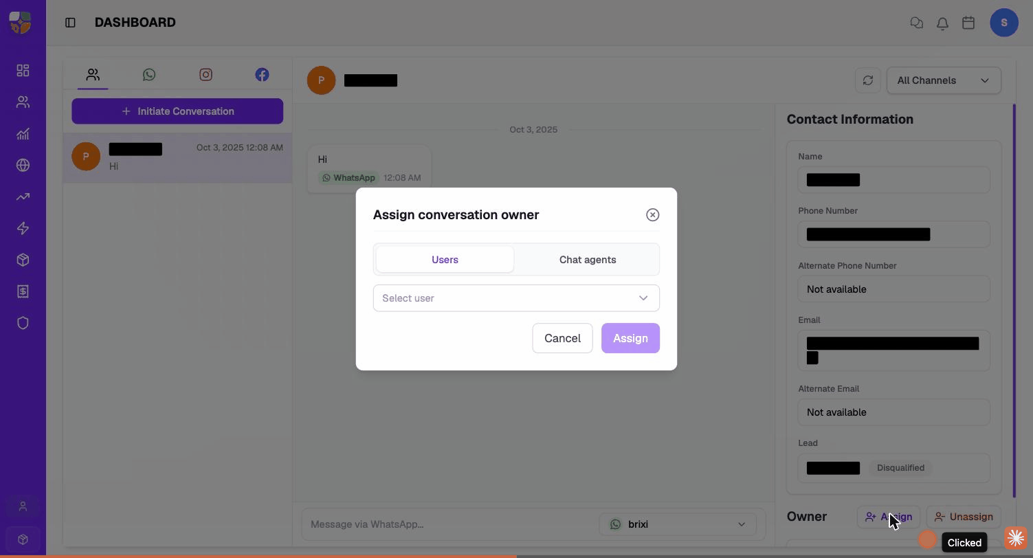 The Assign conversation owner dialog open with the Users tab — Select user dropdown and Assign / Cancel buttons.