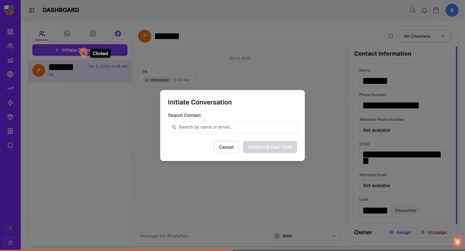 The Initiate Conversation dialog with the Search Contact field and the Confirm &amp; Start Chat button.
