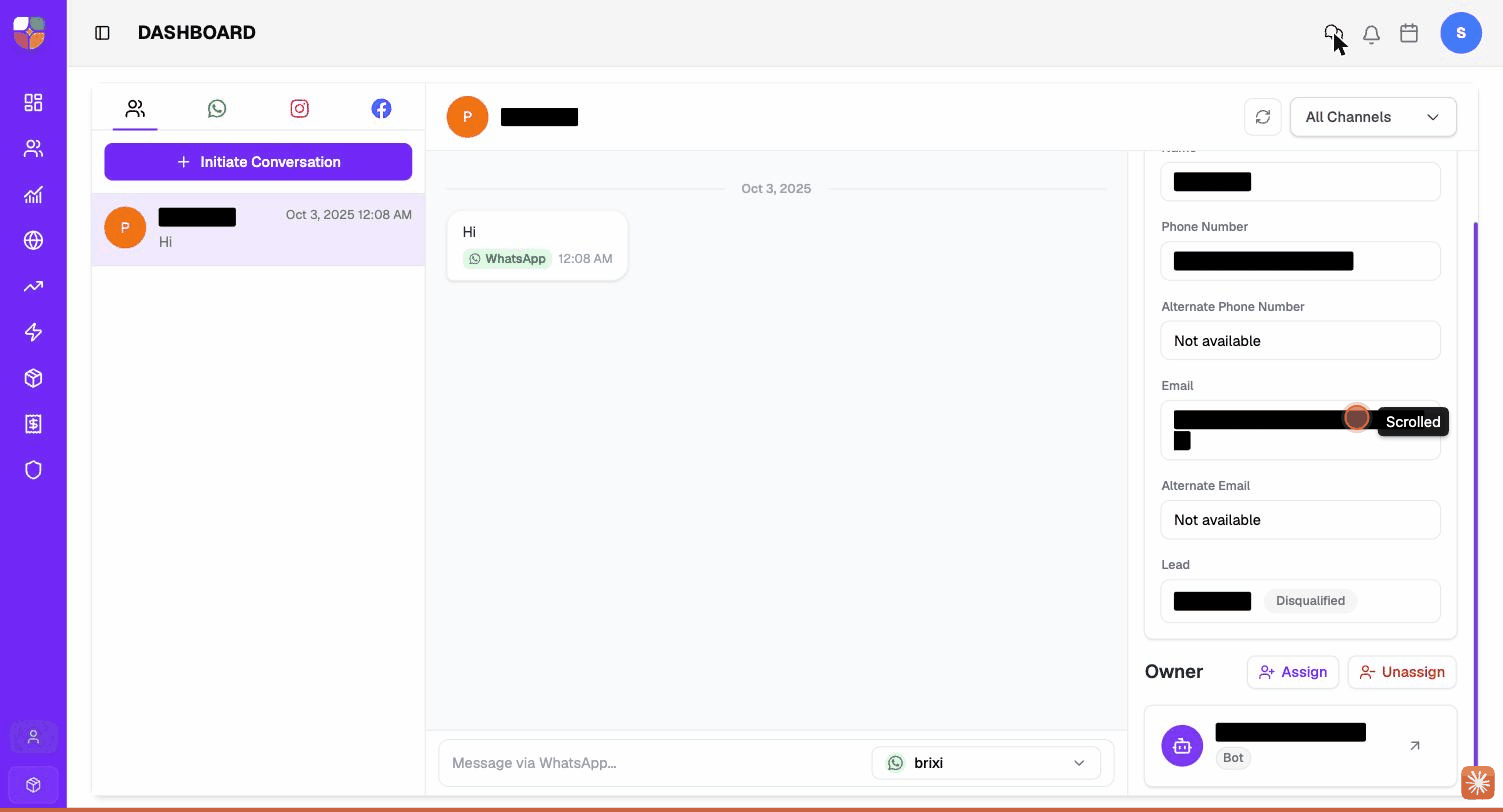 The Omnichannel Inbox three-pane layout — conversation list on the left, thread in the centre, Contact Information on the right with Owner / agent at the bottom. All PII masked.