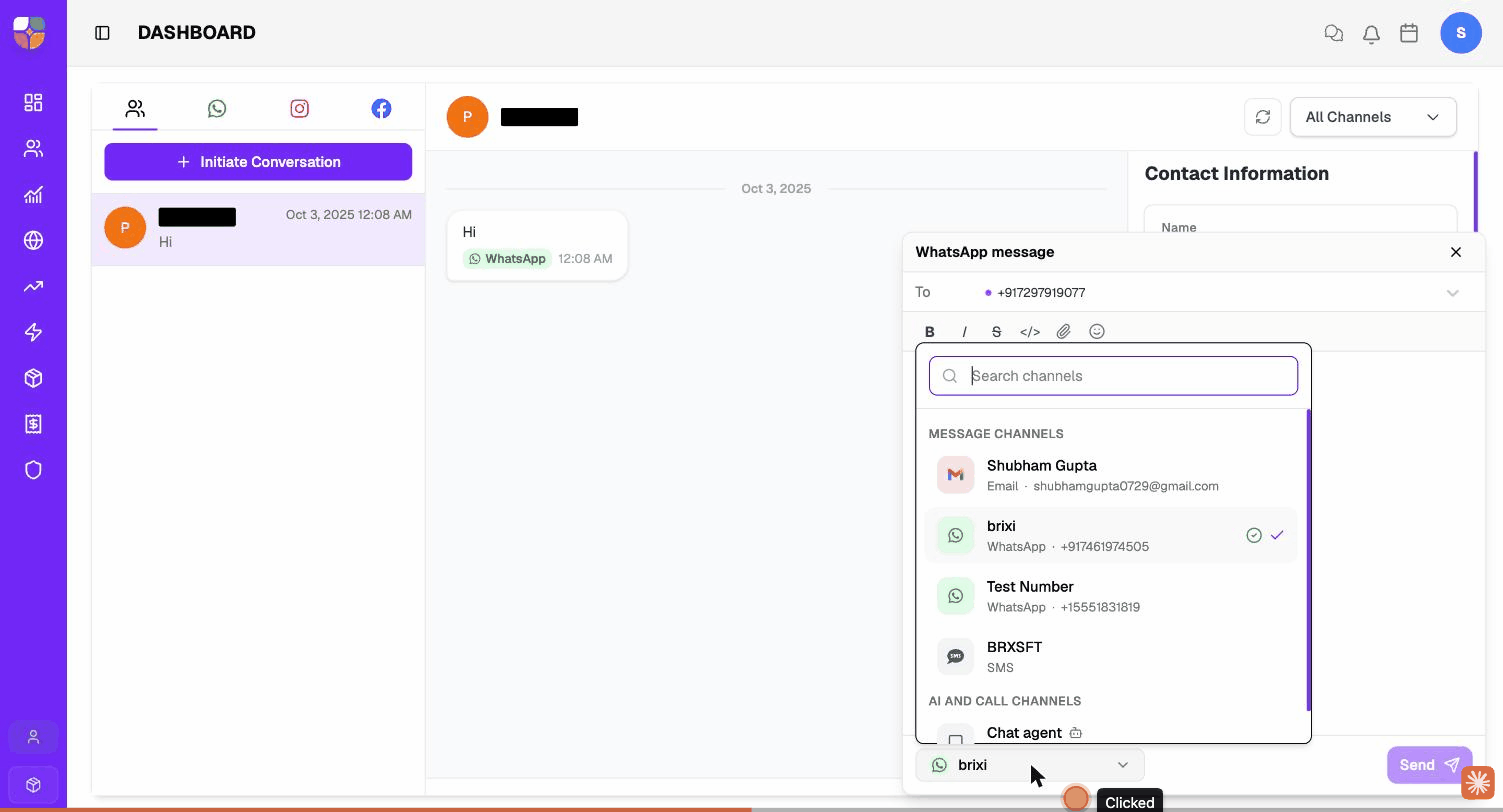 The sender picker open — Message Channels list (Email, WhatsApp, SMS) above AI and Call Channels. All sender names, addresses and phone numbers masked for privacy.