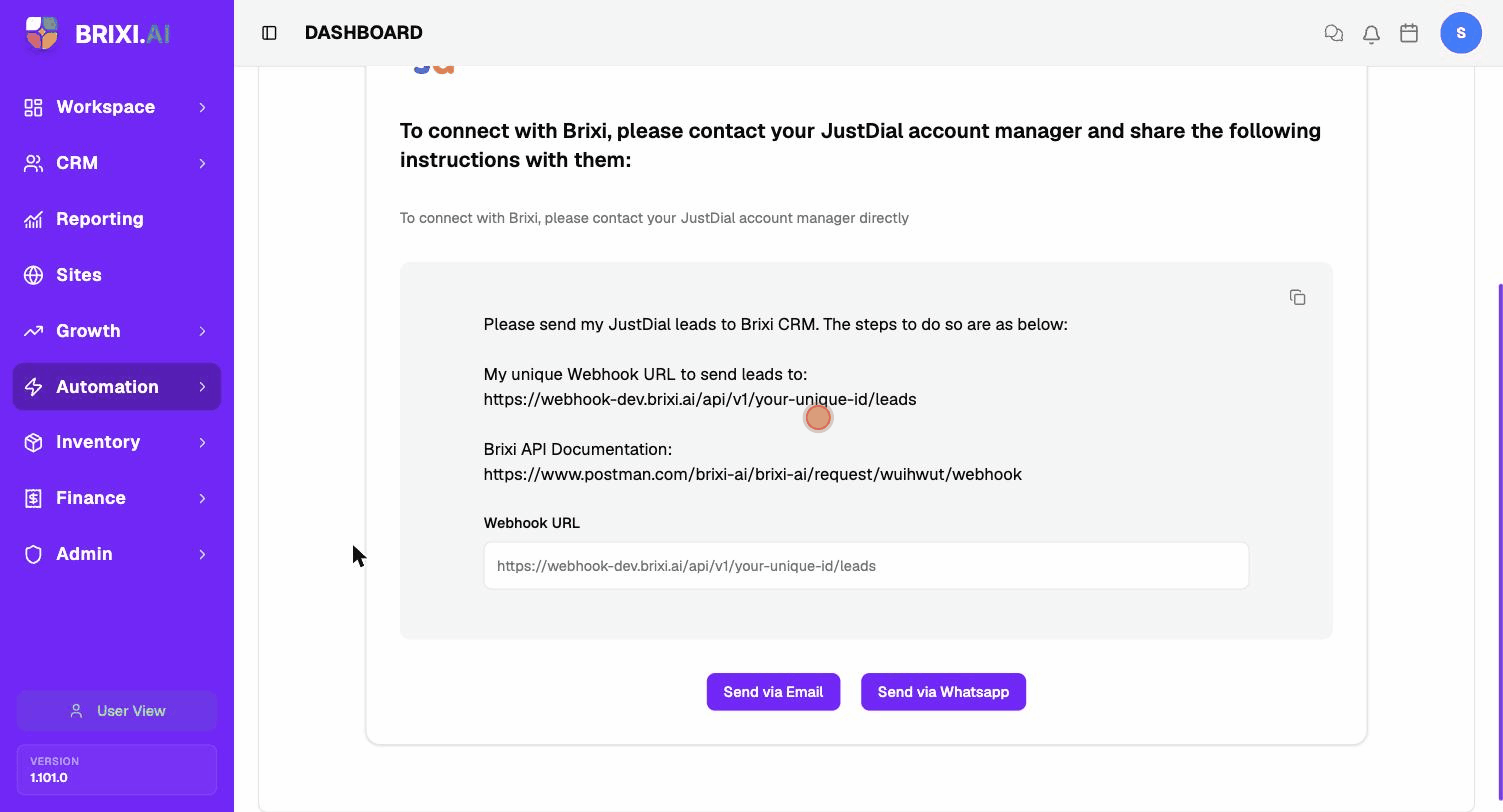 Open Manage to view the webhook URL and message, then click the copy icon