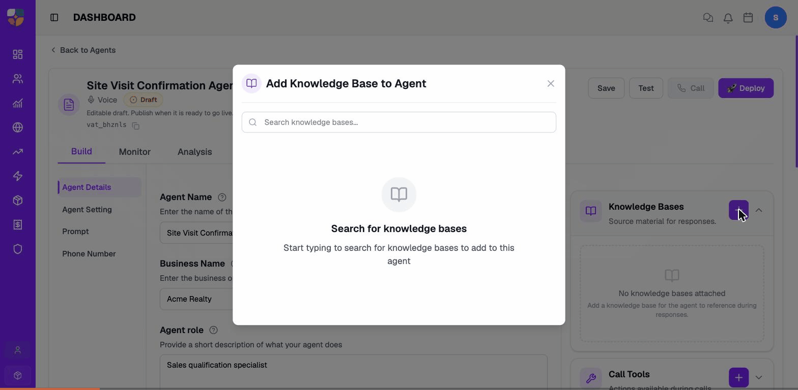 Attaching a Sales Playbook library from the Knowledge Bases card on Agent Details.