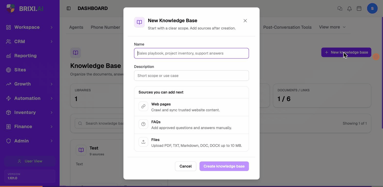 Creating a knowledge base from the New Knowledge Base dialog.
