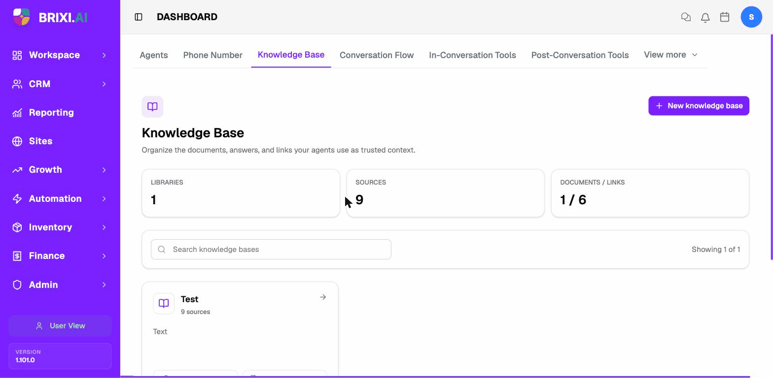 The Knowledge Base tab with the three counters and the list of libraries.