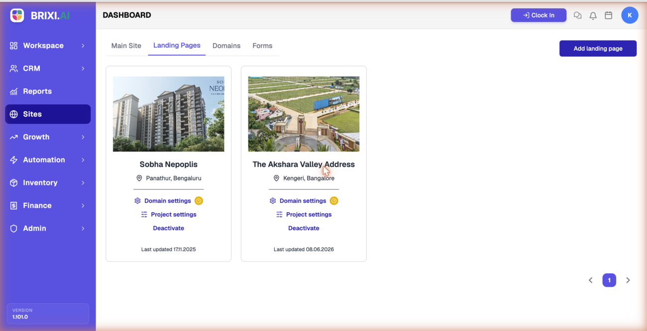The Landing Pages tab with the Add landing page action and cards for each landing page, each showing its location, Domain settings, Project settings, Deactivate, and last-updated date.