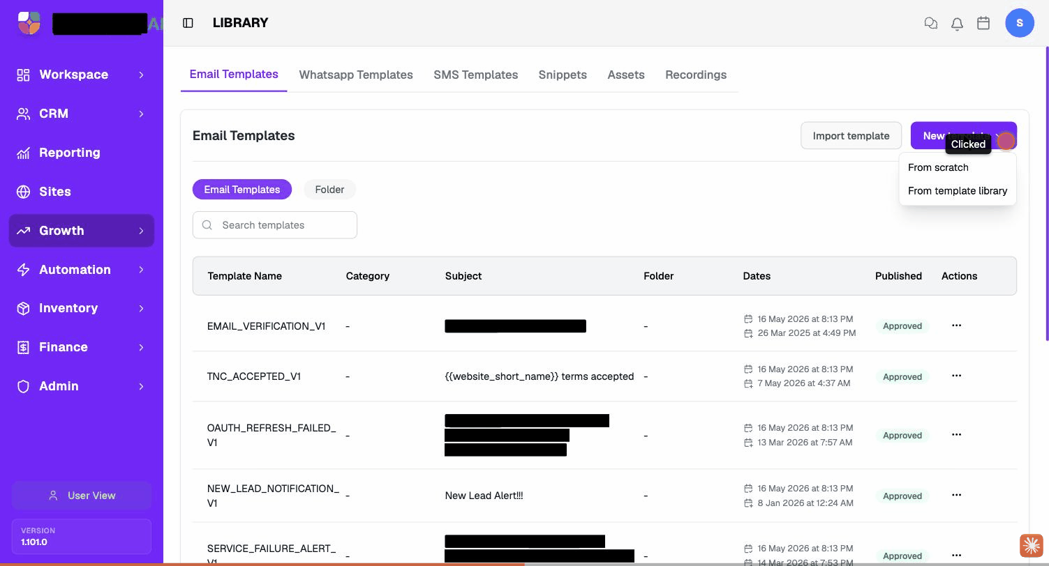 The New template menu showing From scratch and From template library.
