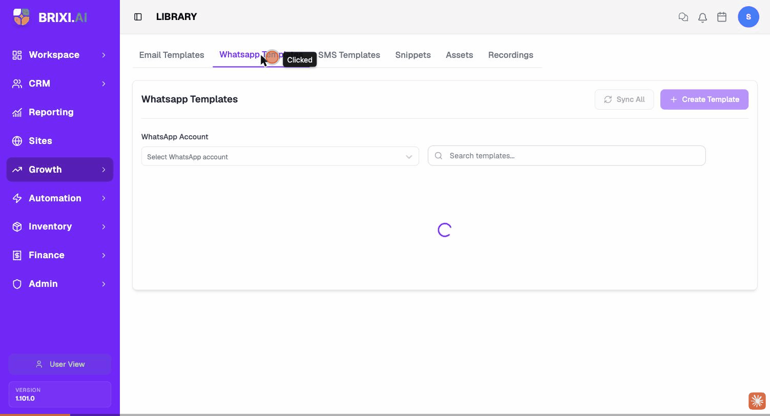 Clicking through the Email Templates, WhatsApp Templates, SMS Templates and Snippets tabs in the Library. Workspace name and template content masked.