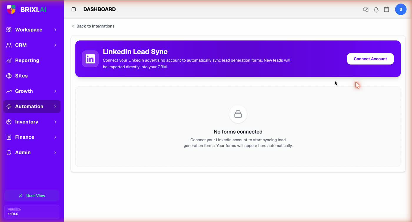 The LinkedIn Lead Sync page with the Connect Account button