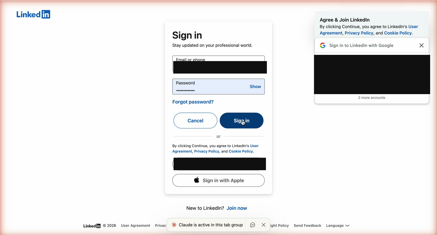The LinkedIn sign-in screen (email masked)