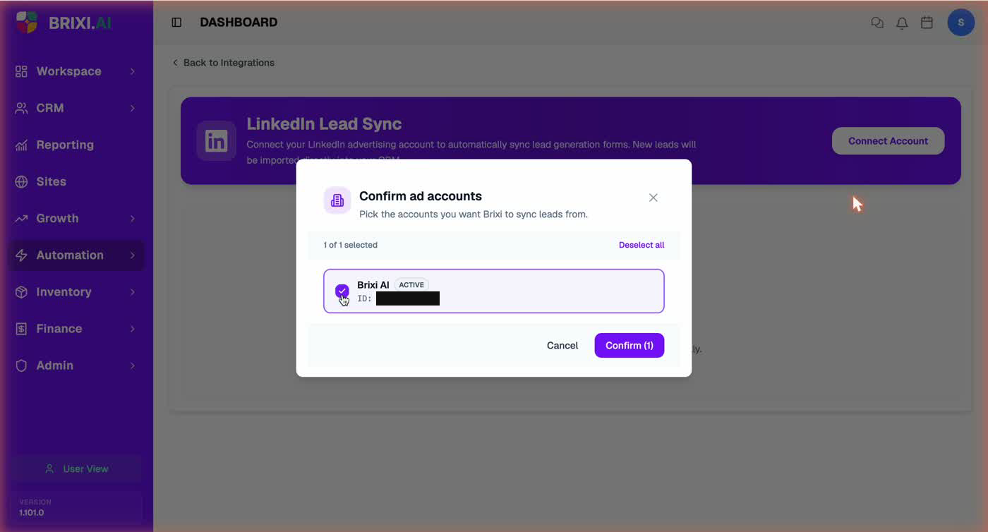 The Confirm ad accounts dialog with an account selected (account ID masked)