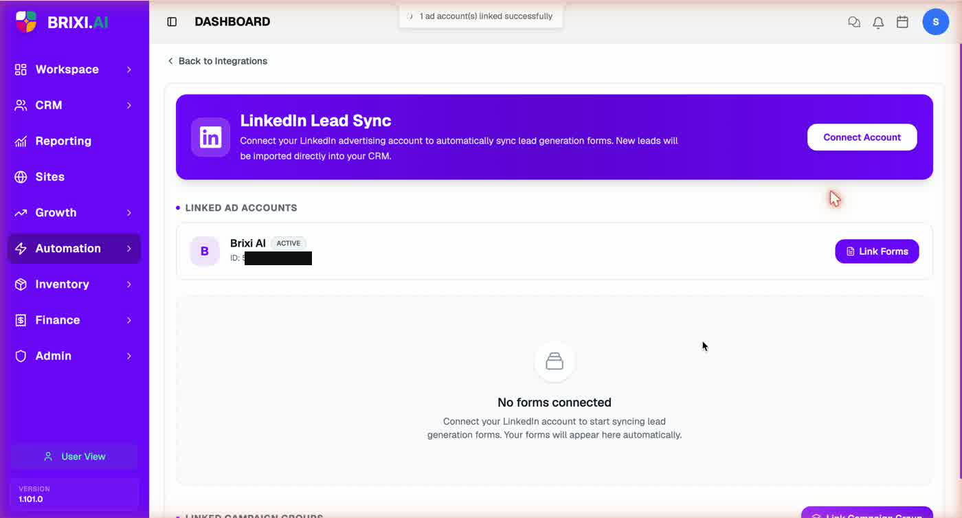 The linked LinkedIn ad account with a Link Forms button (account ID masked)