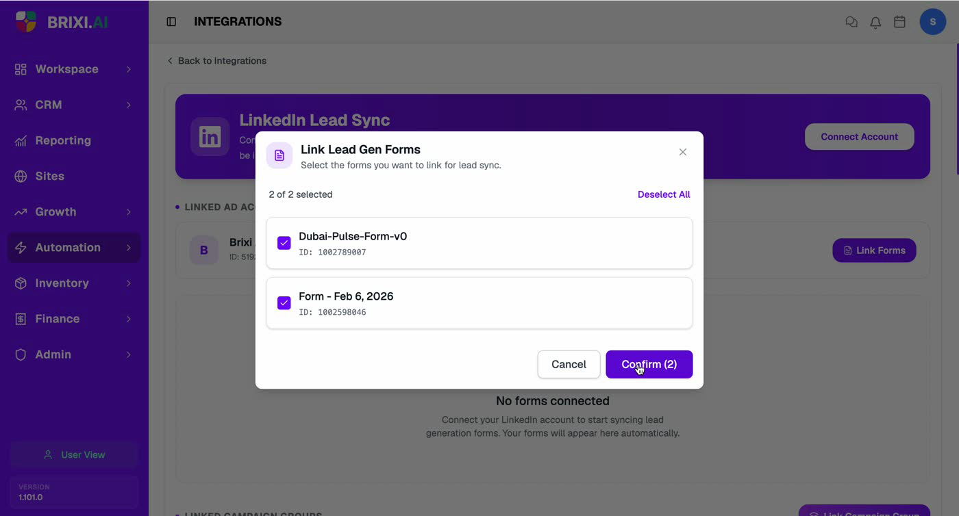 The Link Lead Gen Forms dialog with forms selected