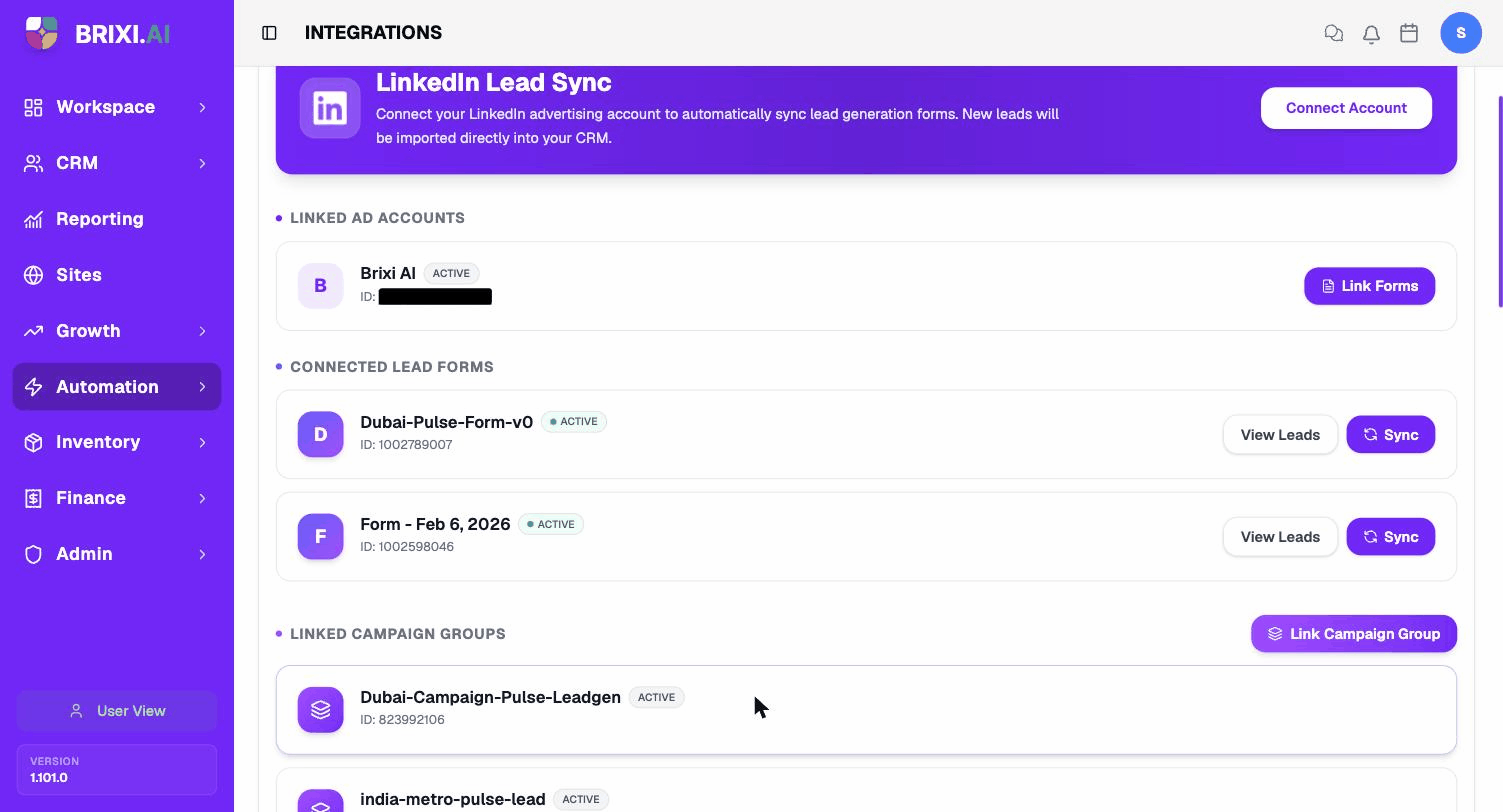 Connected Lead Forms, each with View Leads and Sync (ad account ID masked)