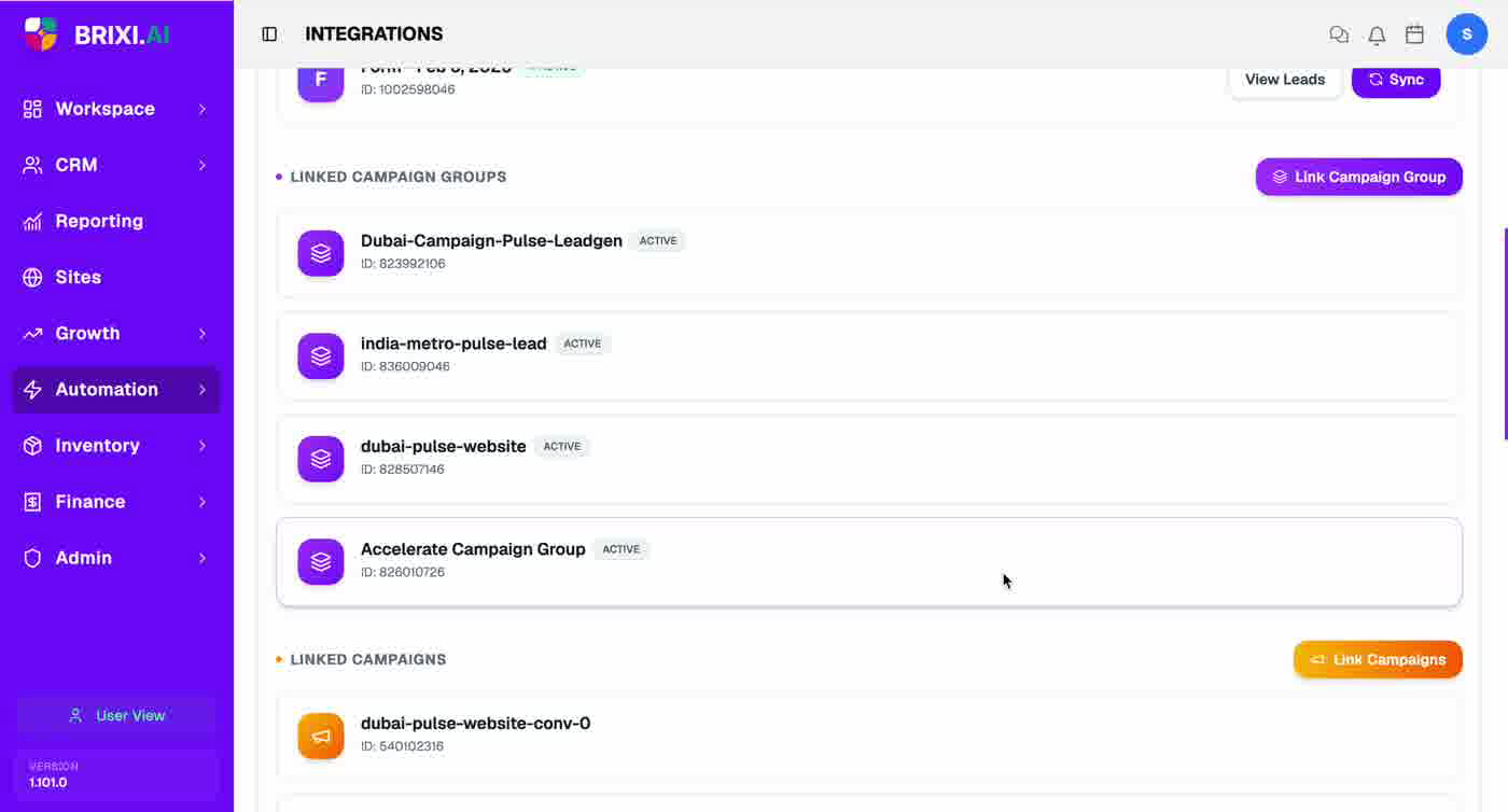 Linked Campaign Groups and Campaigns synced automatically after connecting the ad account