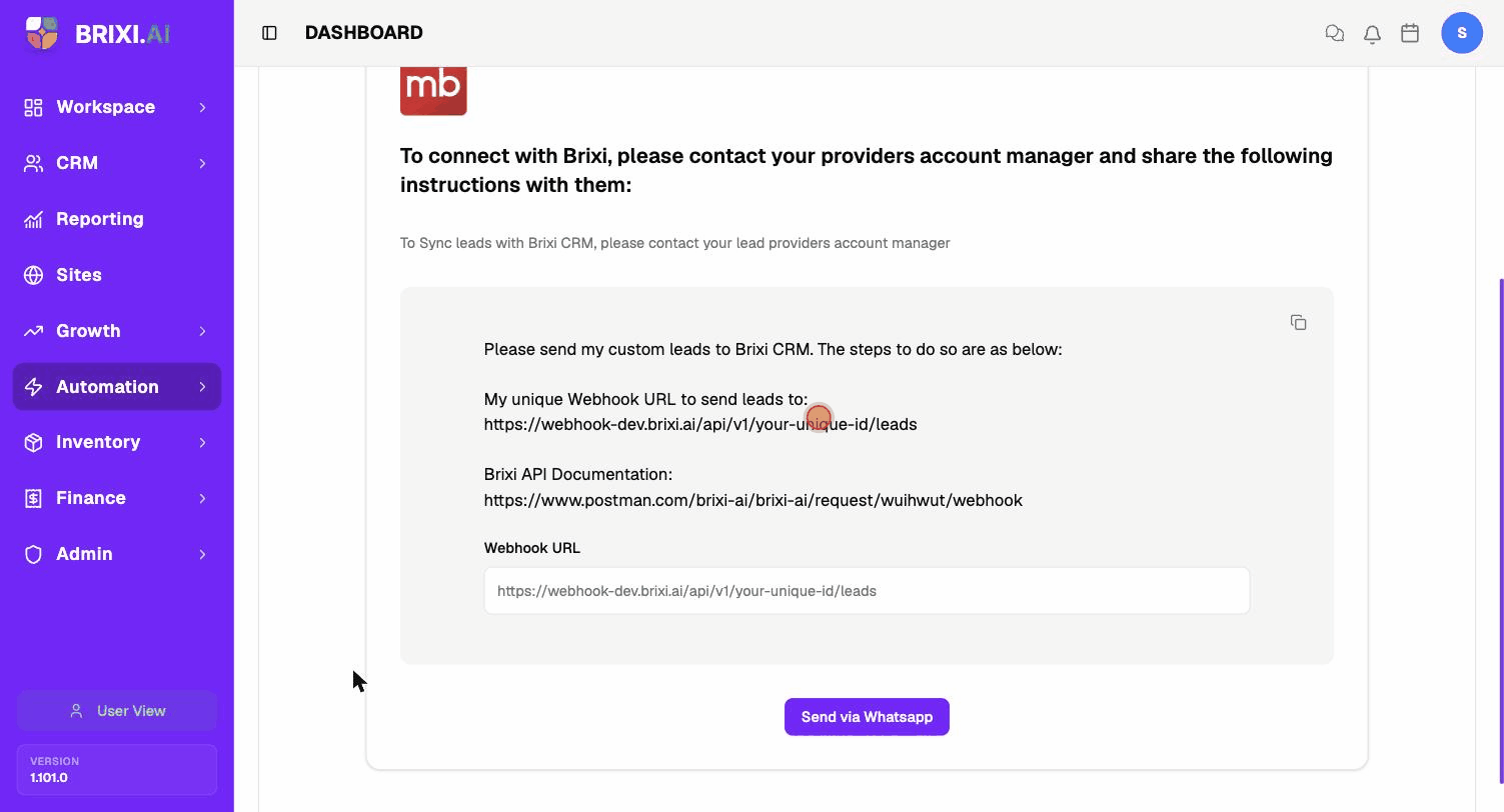 Open Manage to view the webhook URL and message, then click the copy icon
