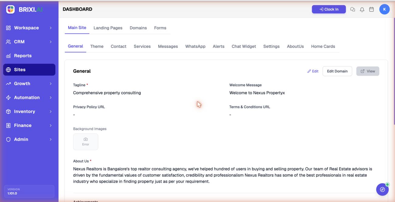 The Main Site configuration with its sub-tabs (General, Theme, Contact, Services, Messages, WhatsApp, Alerts, Chat Widget, Settings, AboutUs, Home Cards) and the General section showing Tagline, Welcome Message, and About Us, plus the Edit, Edit Domain, and View actions.