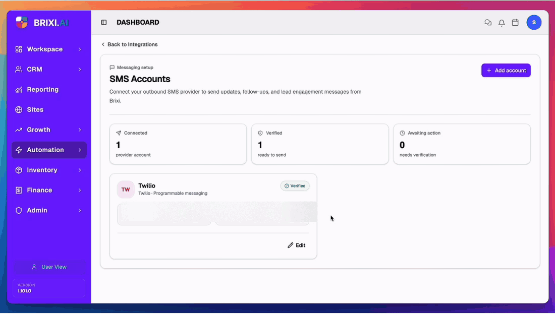Add SMS Account dialog for MSG91: fill Provider = MSG91, Display Name, Sender ID, Client ID (MSG91 sender_id), API Key / Auth Token, optional Base URL + DLT Entity ID. Sender ID, sender_id, and any background sender values masked.