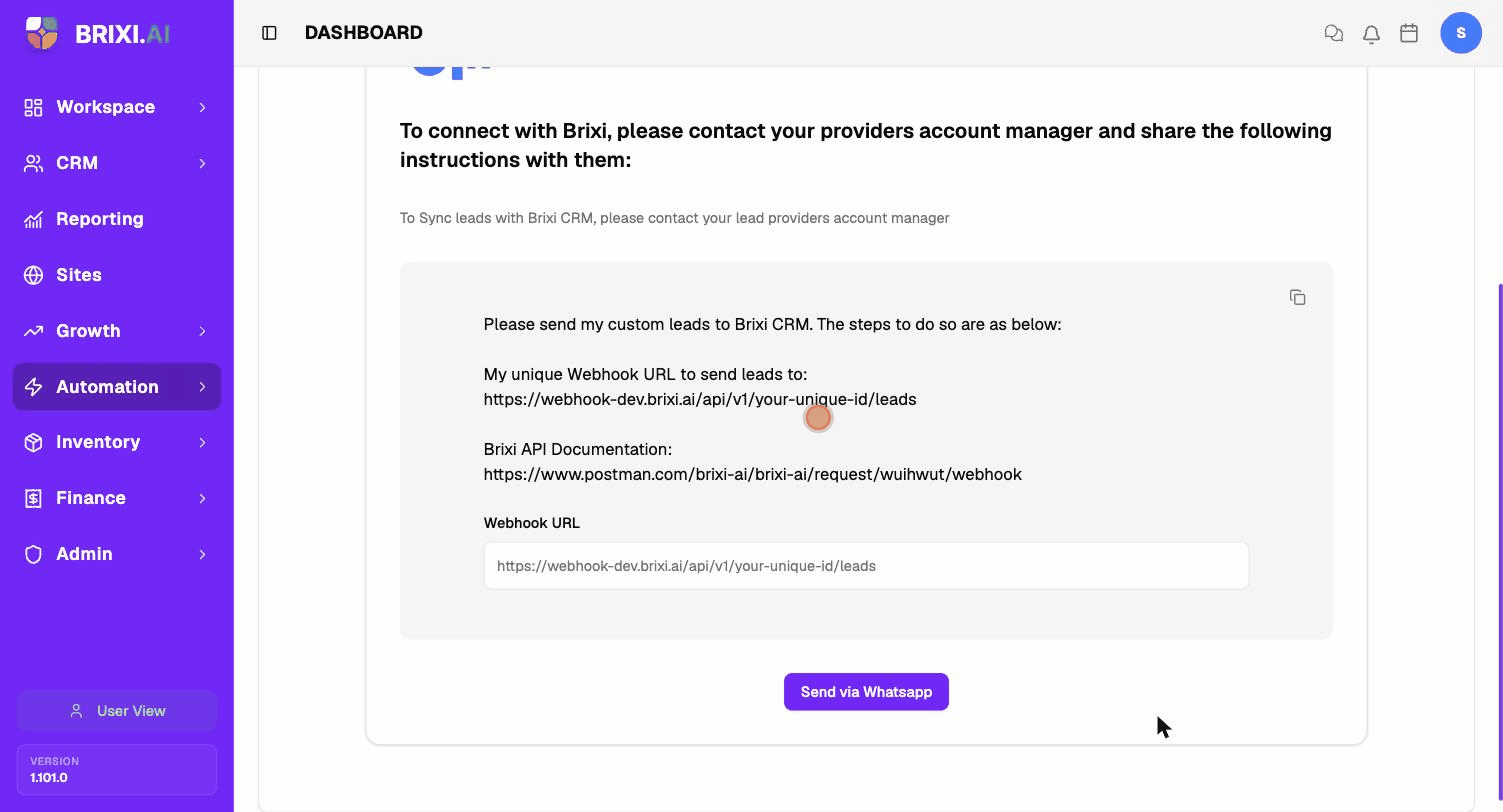 Open Manage to view the webhook URL and message, then click the copy icon
