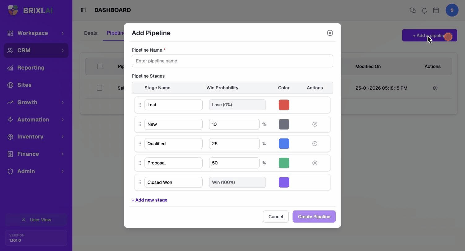 Opening Add Pipeline with its stage rows, then editing the Sales pipeline's stages