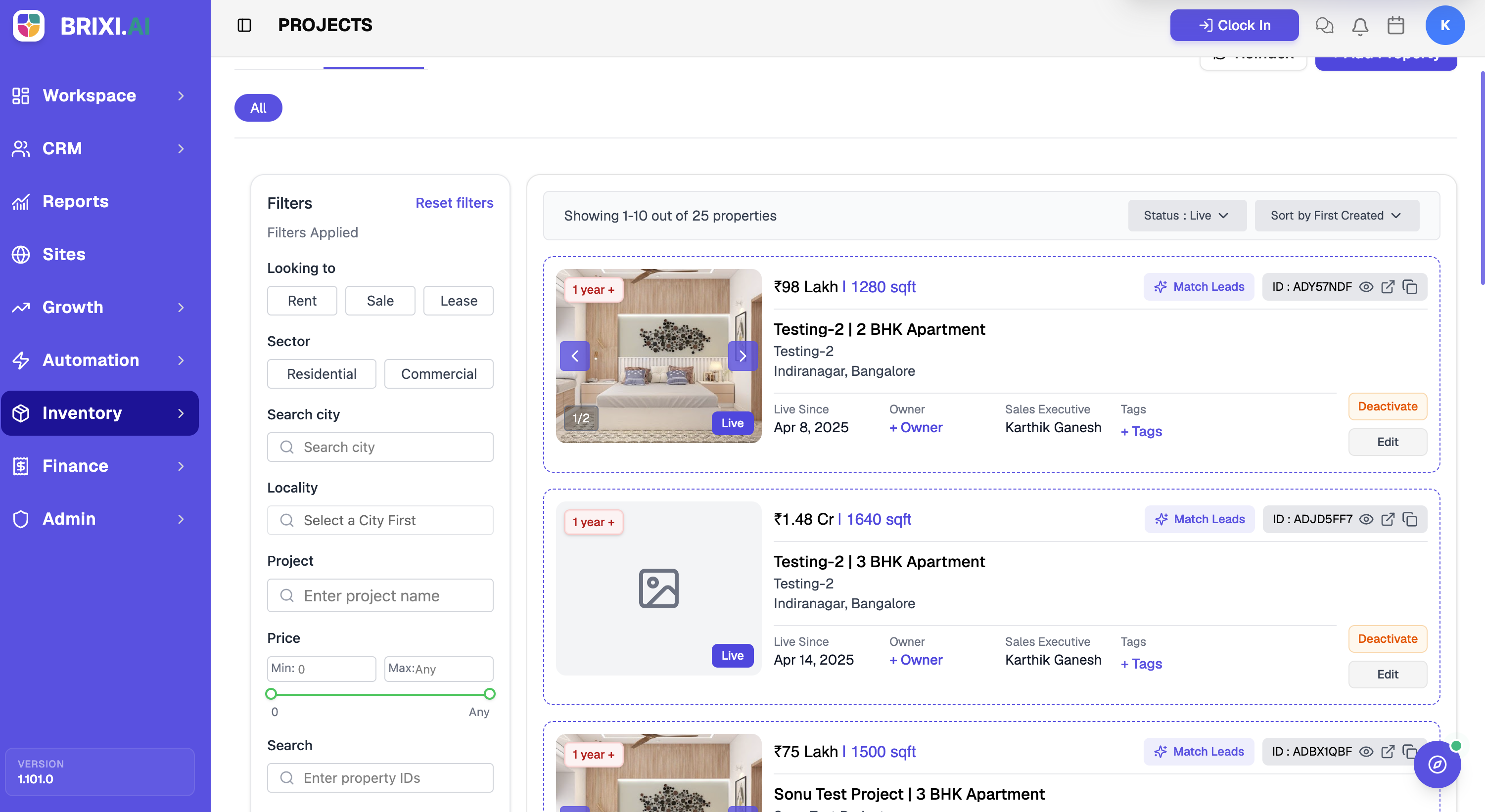 The Properties page with the Filters panel on the left (Looking to, Sector, city, Locality, Project, Price) and listing cards on the right, showing the results count and Status and Sort controls.
