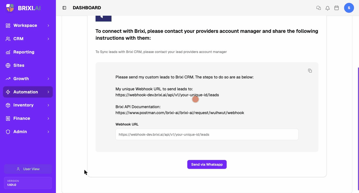 Open Manage to view the webhook URL and message, then click the copy icon