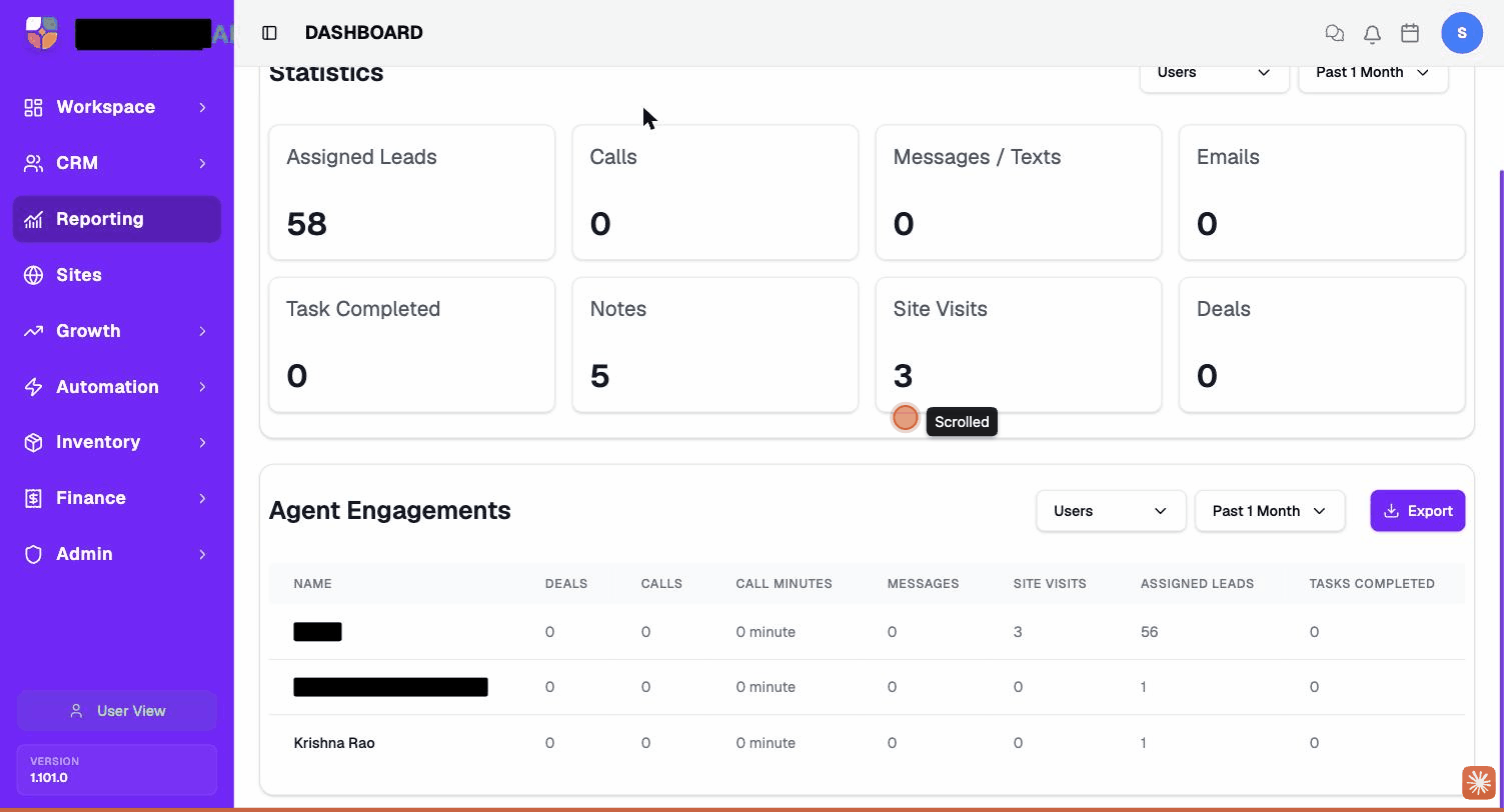 The Agent activity report — Statistics cards on top, Agent Engagements table below with per-user rows.