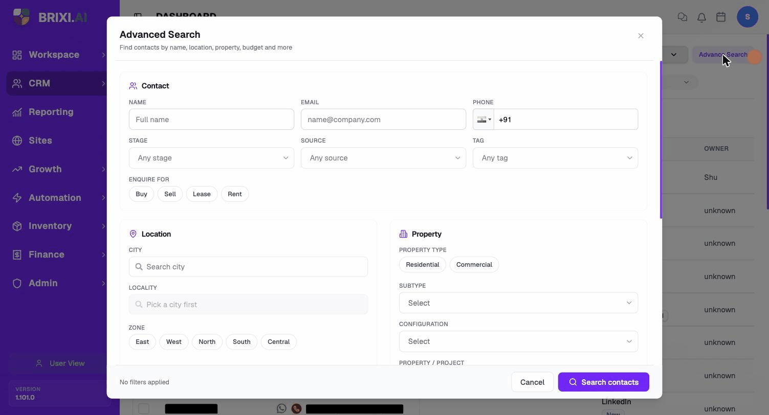 The Advanced Search dialog with Contact, Location, Property, Budget, Assignment, and Activity dates sections.