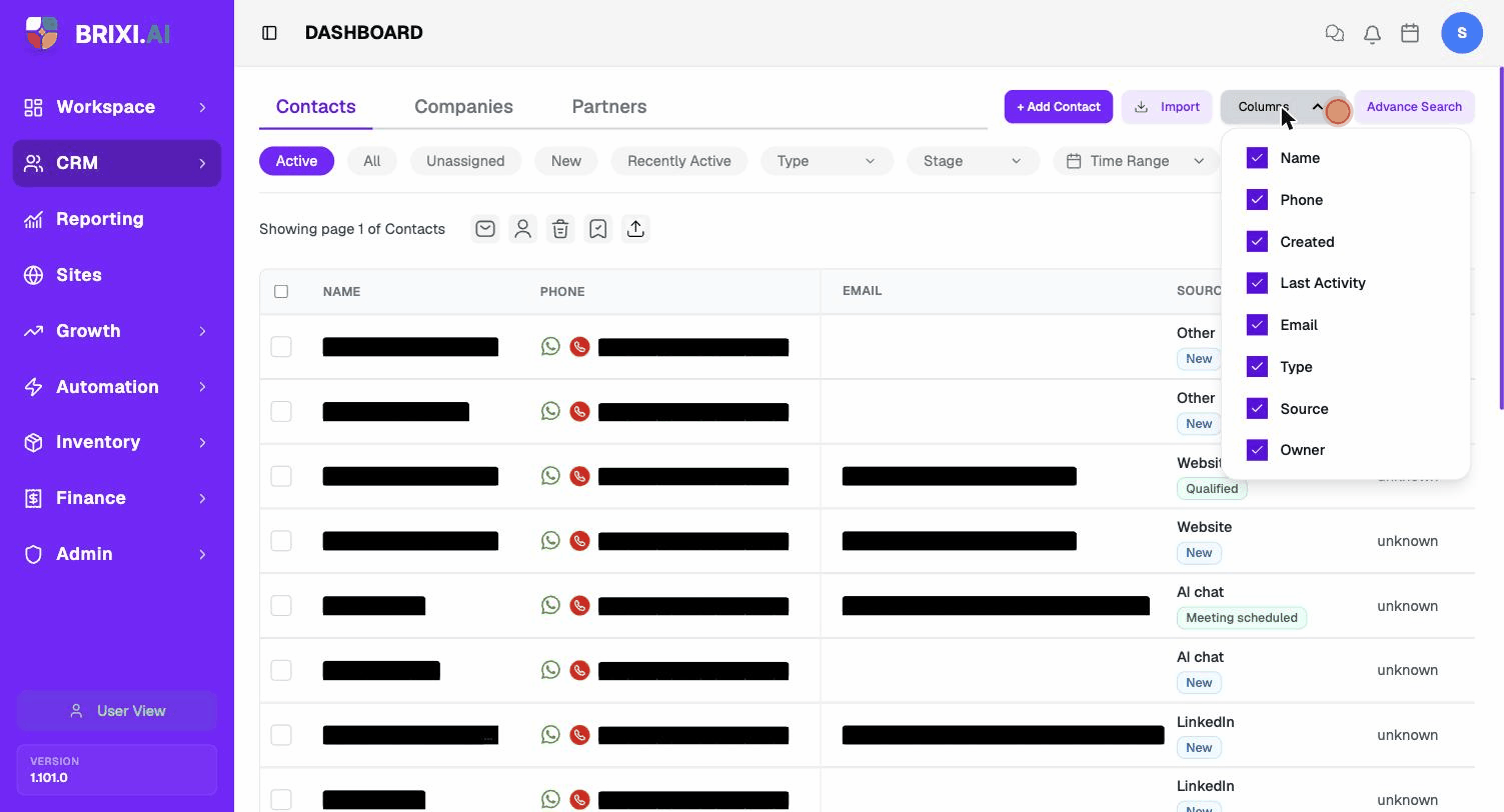 Opening the Columns dropdown and toggling visible columns.