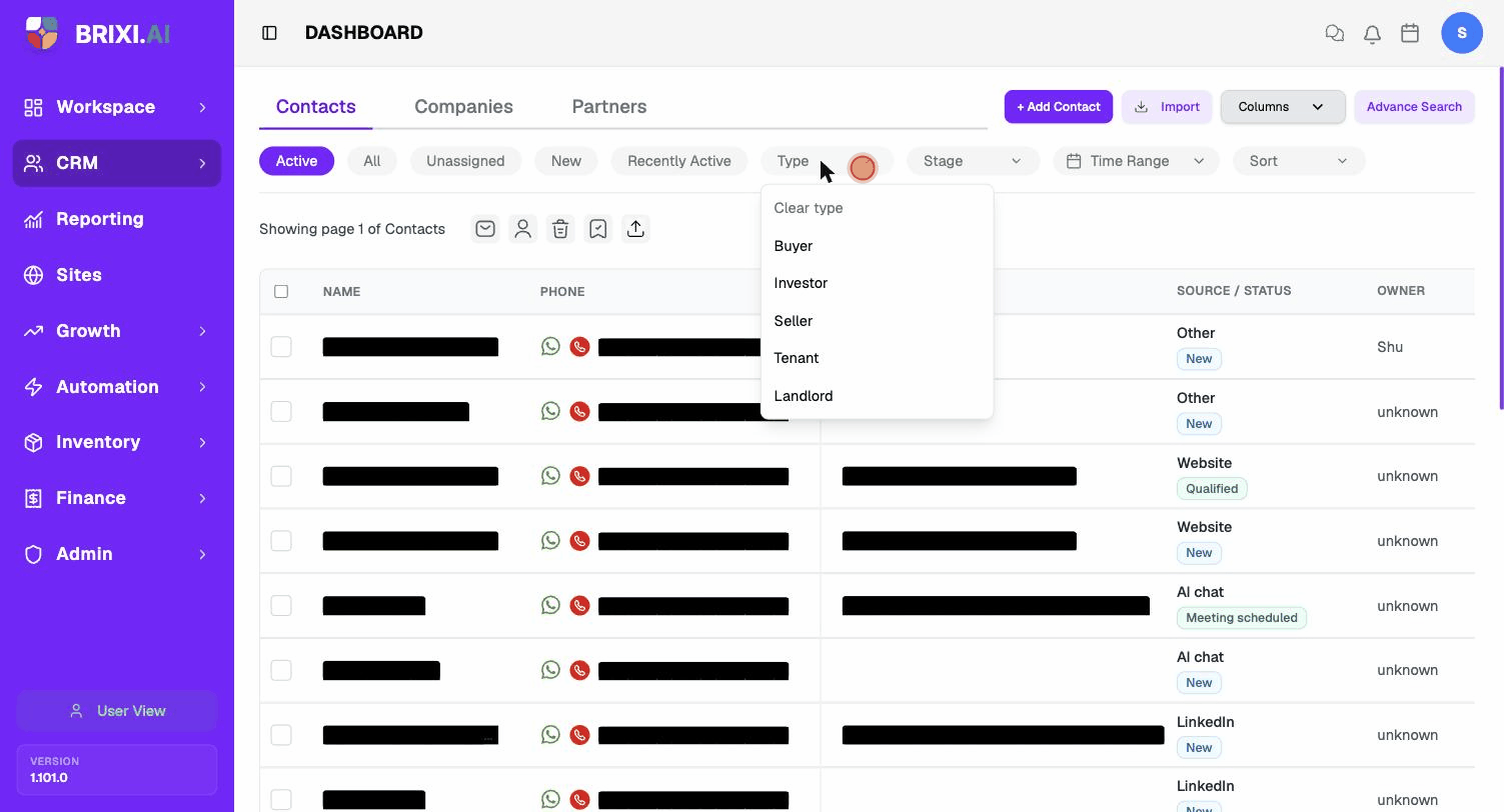 Opening Type, Stage, and Sort dropdowns to see their options.