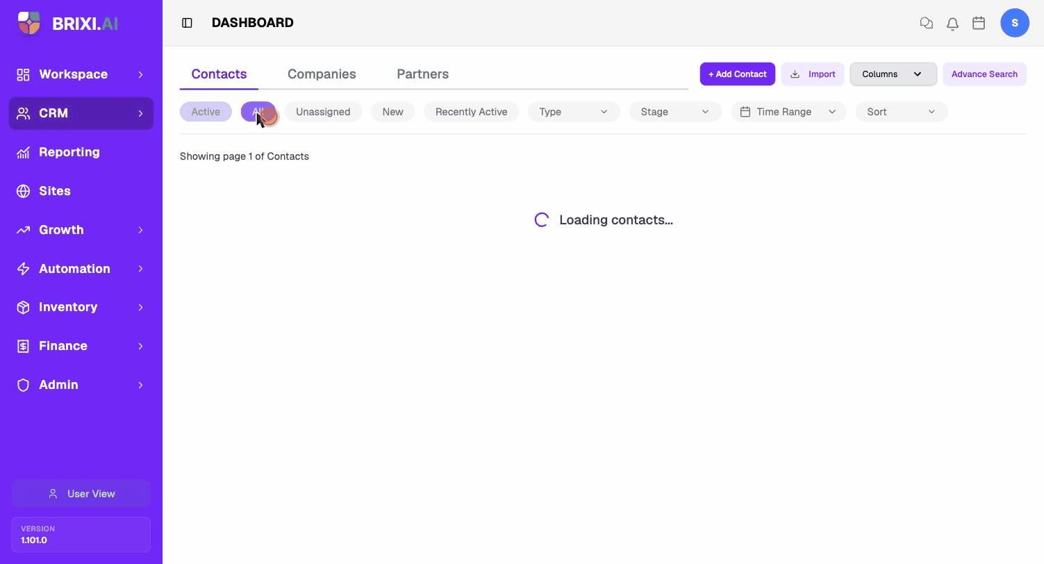 Switching between Active, All, Unassigned, New, and Recently Active. Names, phones, and emails masked for privacy.