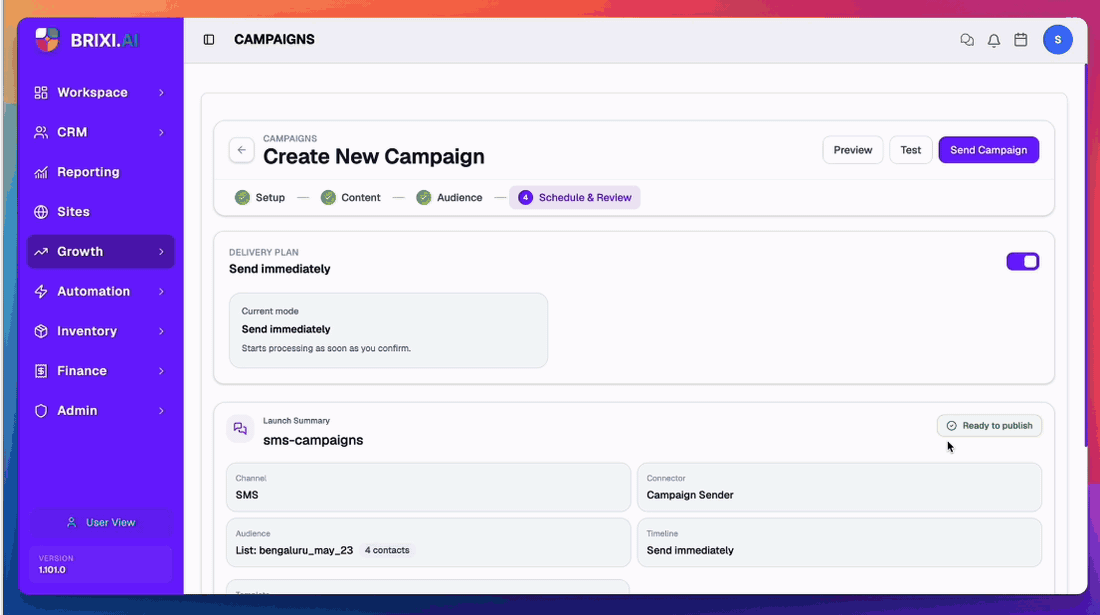 Schedule &amp; Review for an SMS campaign: Send Now / Schedule Later modal, date / time / timezone picker, the Launch Summary card showing Channel = SMS, Connector = Campaign Sender, Audience = the chosen list, Timeline = Send immediately, Template = the chosen SMS template — then Send Campaign.