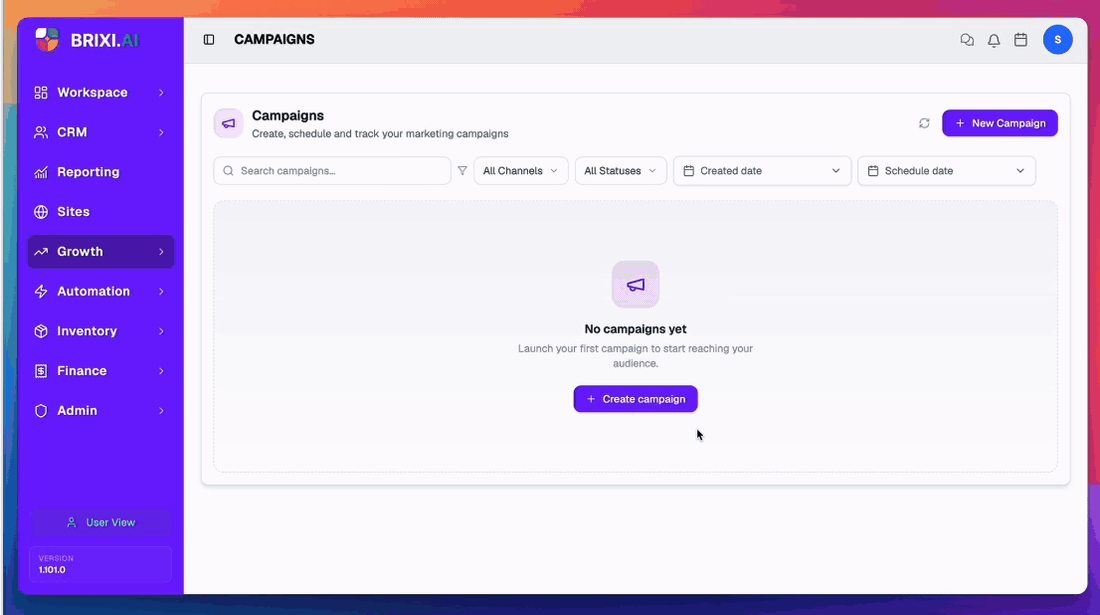 Setup step on an SMS campaign: name the campaign (e.g., sms-campaigns), tick the SMS channel card (Fast text messaging), the right-hand SMS sender panel populates with every verified SMS account, pick one, the Setup ready badge appears, Continue lights up.