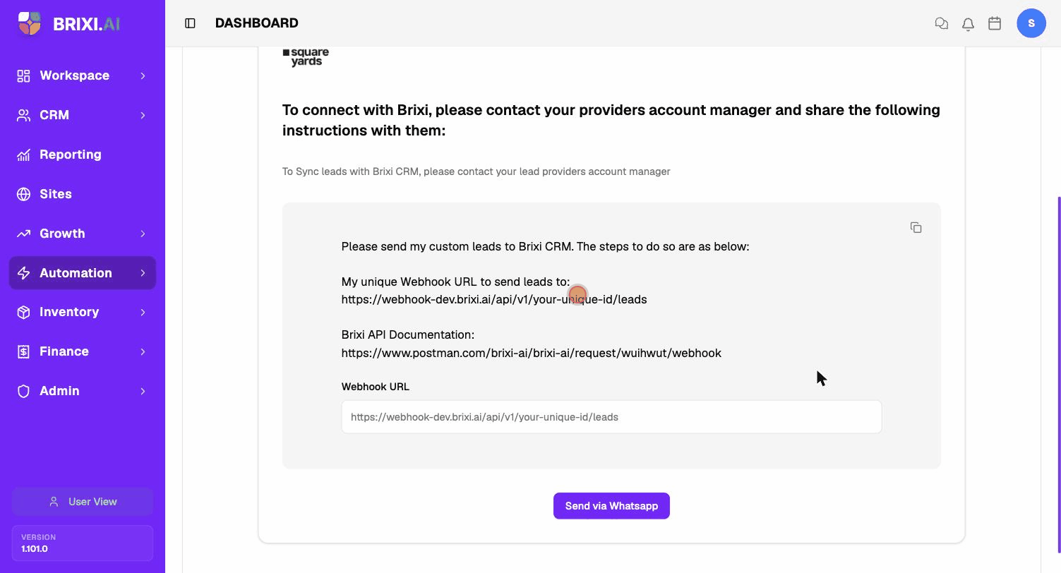 Open Manage to view the webhook URL and message, then click the copy icon