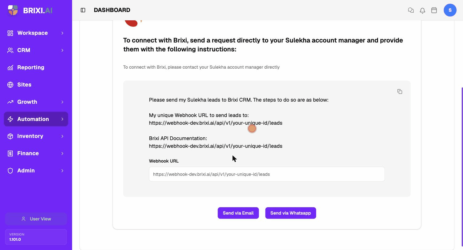 Open Manage to view the webhook URL and message, then click the copy icon