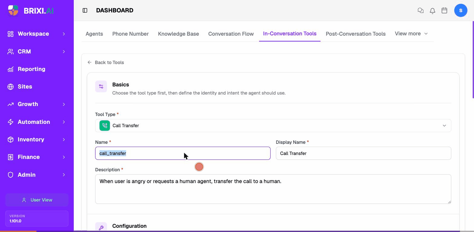 Creating a Call Transfer tool — picking the type, naming it, writing the description, and saving.